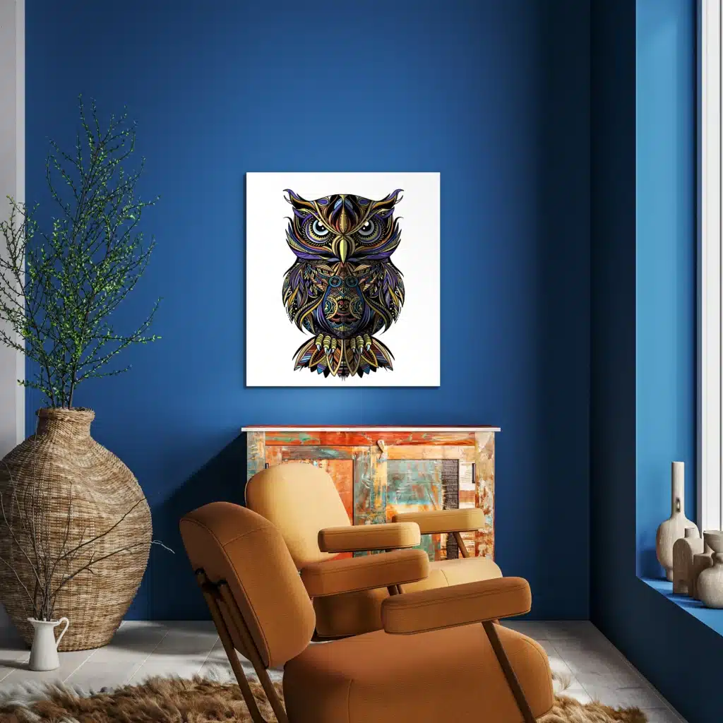 Pop art uil portret aan een kobaltblauwe muur boven een kleurig kastje en een okergele fauteuil