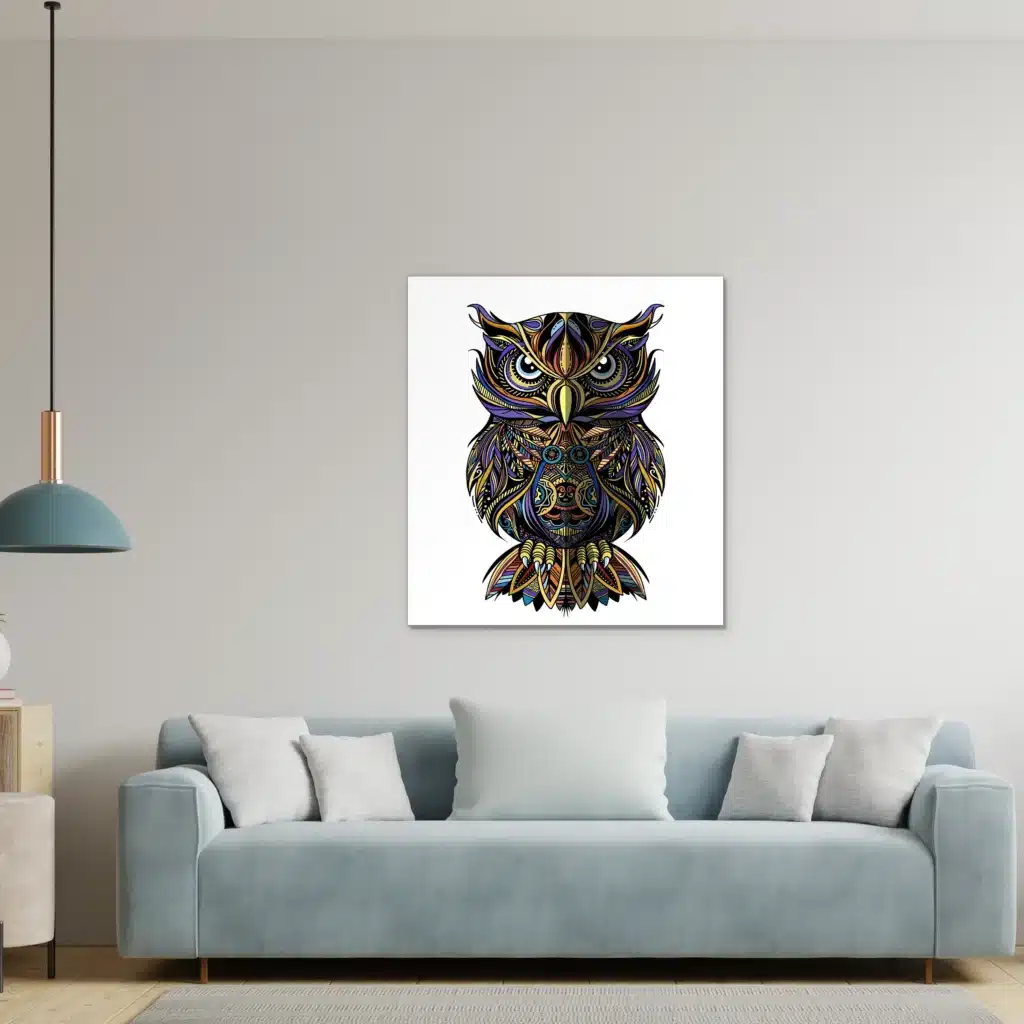 Pop art uil portret aan een lichtgrijze muur boven een lichtblauwe bank met een hanglamp
