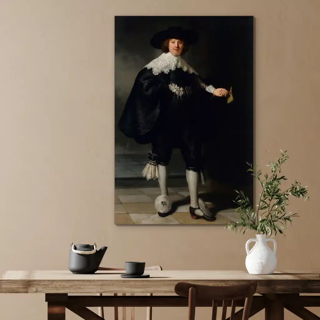Marten Soolmans van Rembrandt: man in het zwart met kanten kraag, boven een houten eettafel