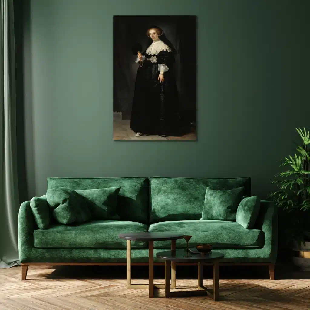 Oopjen Coppit van Rembrandt aan een donkergroene muur boven een groene fluwelen bank