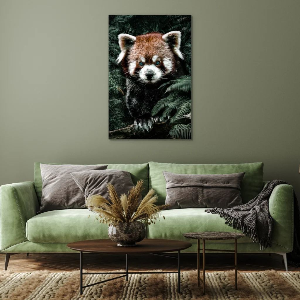 Rode panda aan een olijfgroene muur boven een lichtgroene bank met twee salontafels