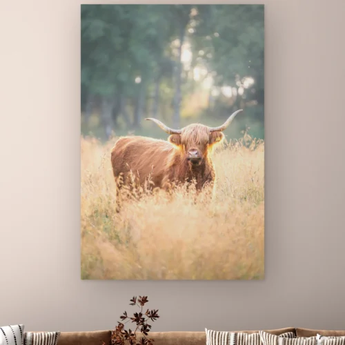 Schotse hooglander zonsondergang aan de muur boven een bank met gestreepte kussens