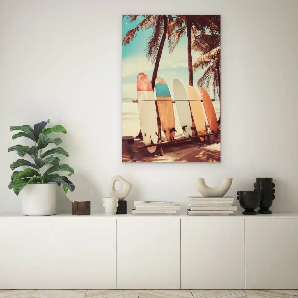 Surfplank wanddecoratie boven een lage witte kast met een kamerplant en vazen