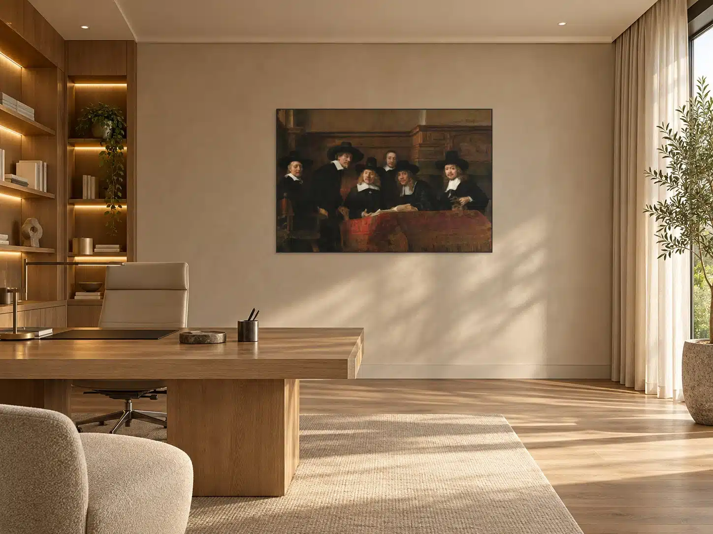 De Staalmeesters van Rembrandt als artframe in een lichte directiekamer