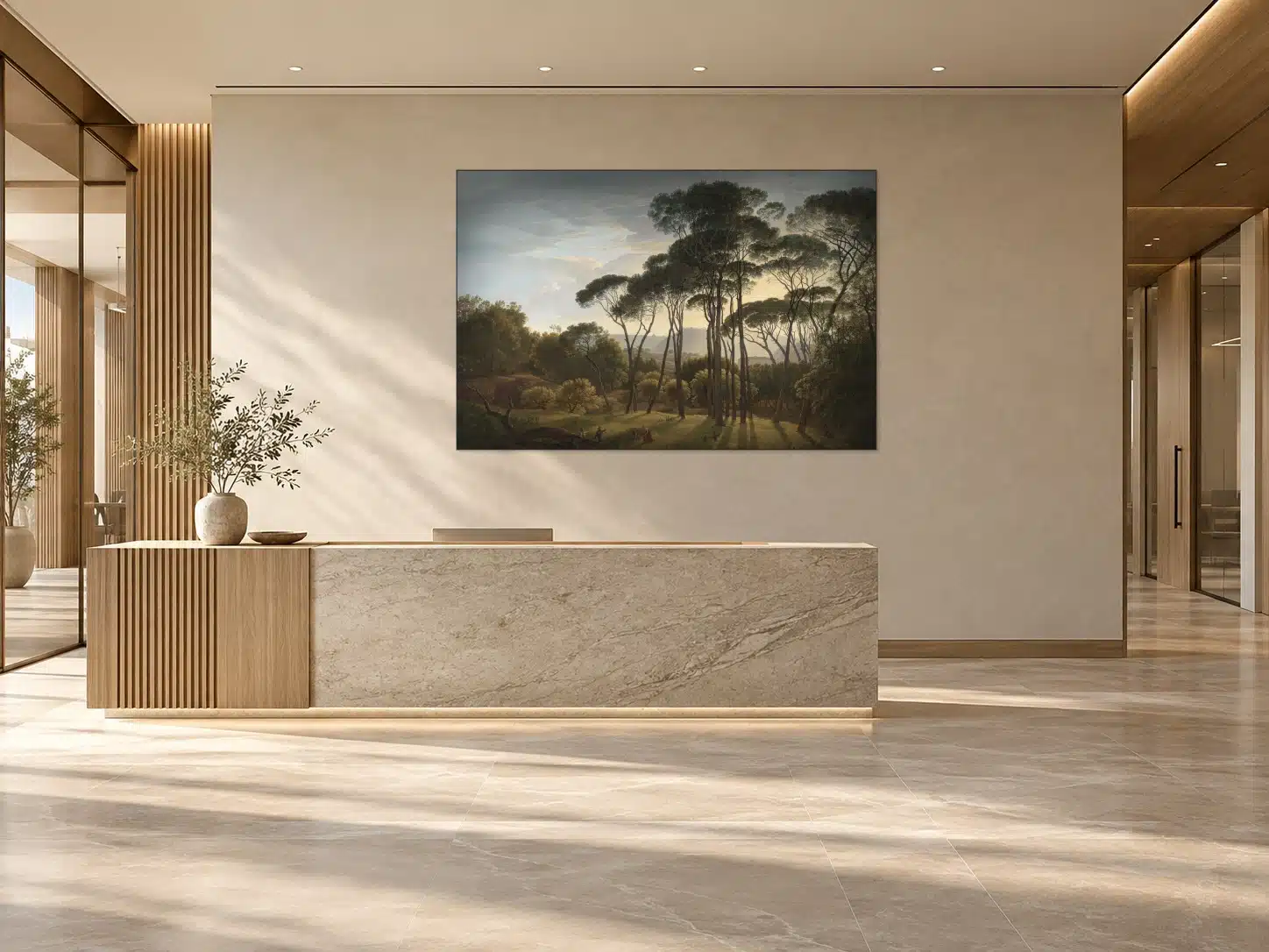 Italiaans landschap met parasoldennen van Hendrik Voogd als groot artframe achter een receptiebalie
