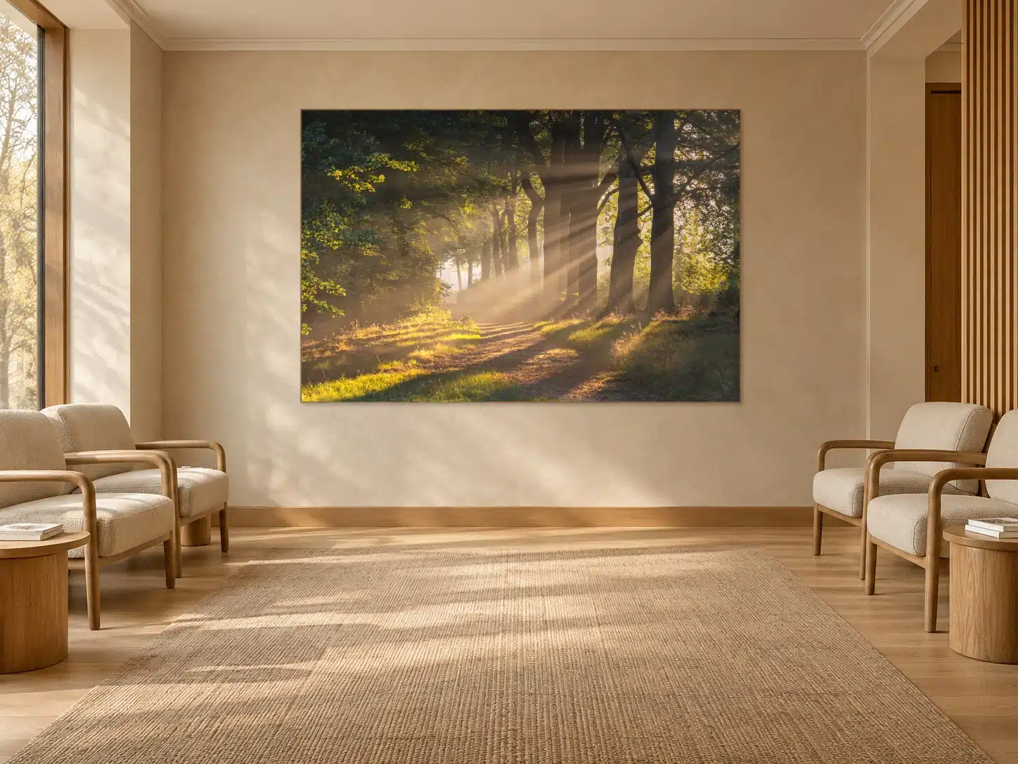 Artframe in houten frame met een bospad in ochtendlicht in een wachtkamer