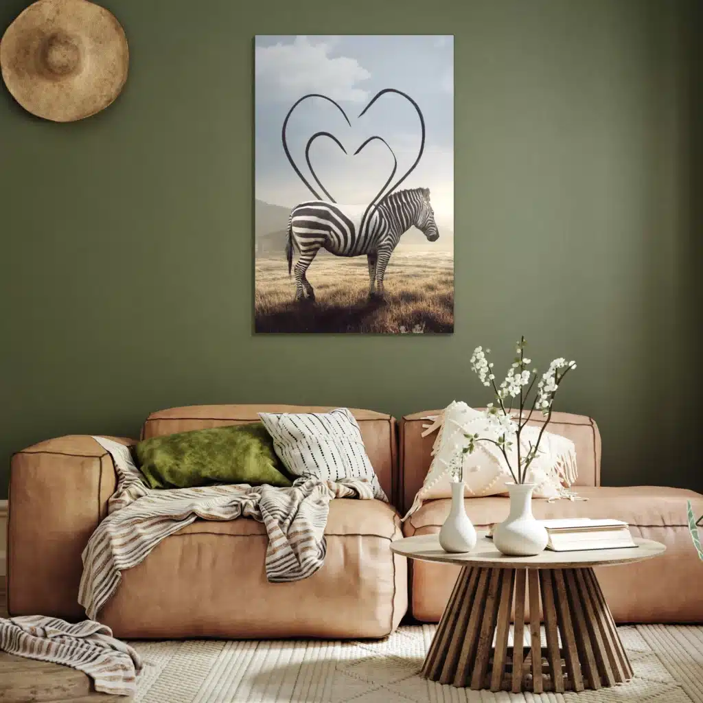 Zebra met hartstrepen aan een olijfgroene muur boven een cognac leren bank