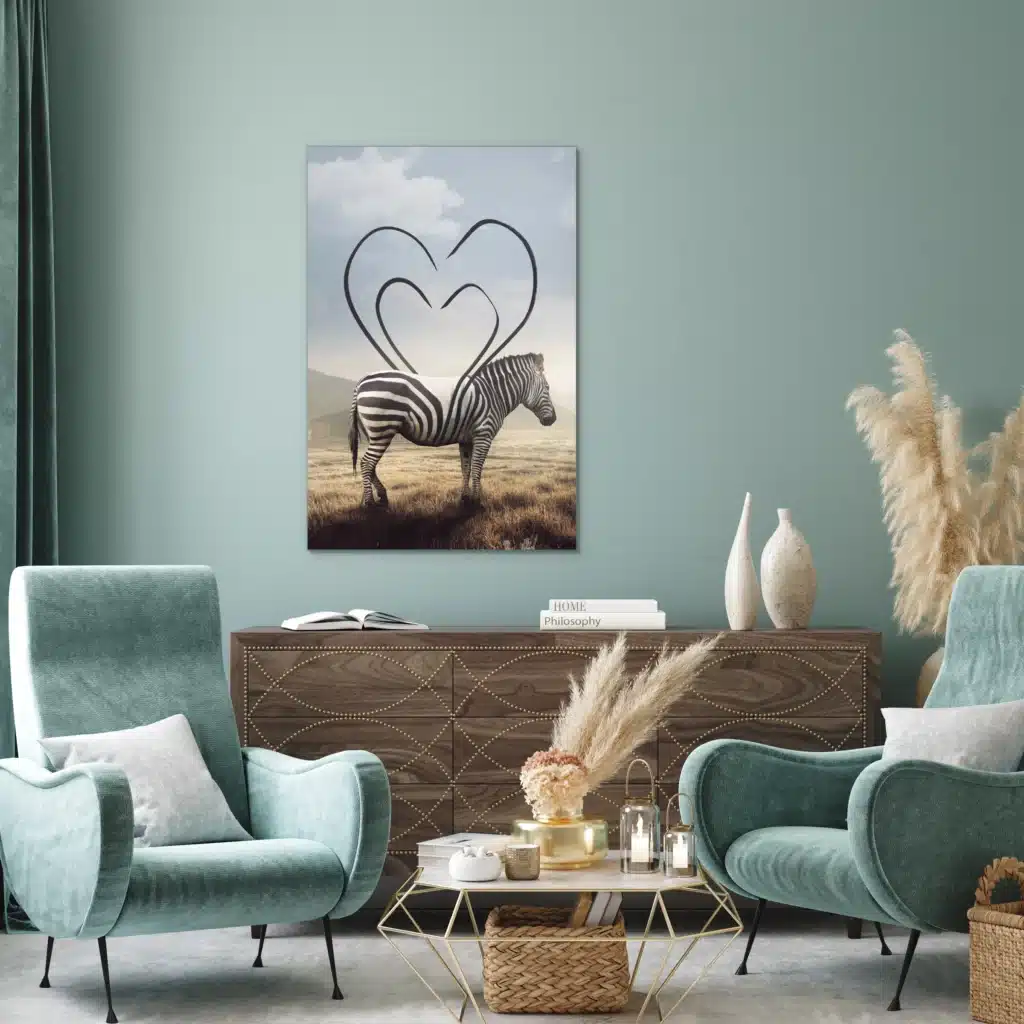 Zebra met hartstrepen boven een notenhouten dressoir tussen twee mintgroene fauteuils