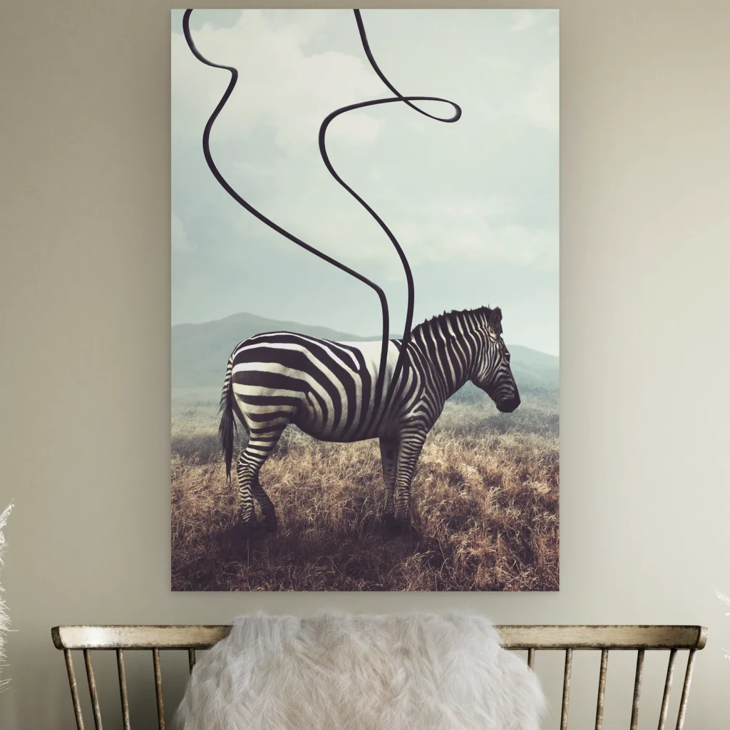 Zebra zonder strepen aan de muur boven een houten bankje met schapenvacht